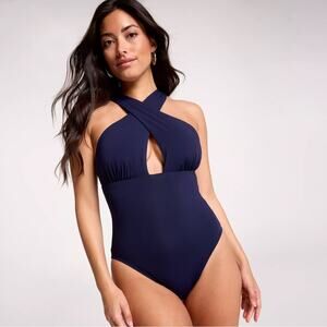 CALIA Cutout Halter One Piece Swimsuit Size 8 NWT Blue UPF 50+